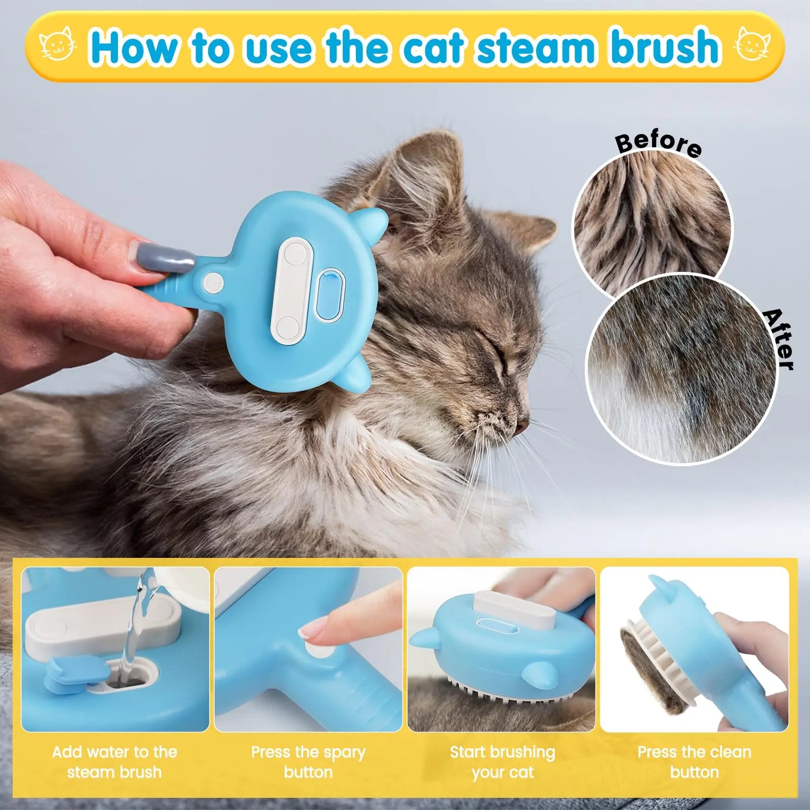 3-in-1 Cat Grooming Brush – Steam, De-Shed & Massage Your Pet Effortlessly